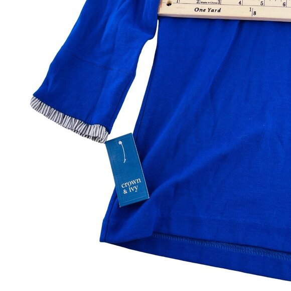 Crown & Ivy Petite Womens Blue Blouse With Striped Trim PM Petite Medium NWT - Picture 5 of 6